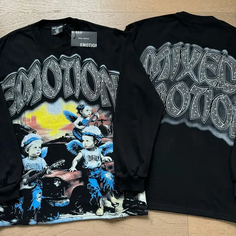 MIXED EMOTION Long Sleeve T-shirt Men Women High Street Full Print 100% Cotton Crewneck Hip Hop Oversized Tops