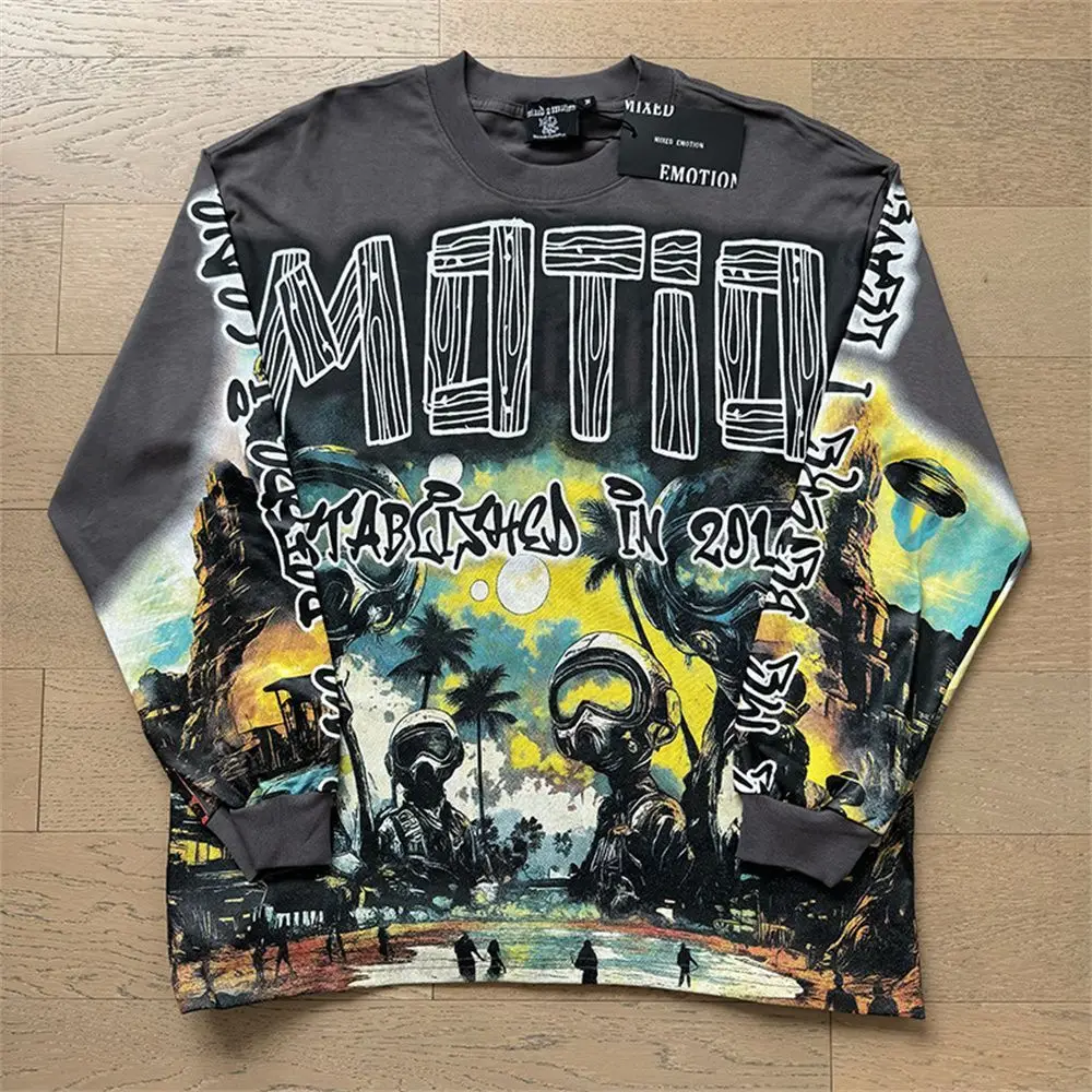 MIXED EMOTION Long Sleeve T-shirt Men Women High Street Full Print 100% Cotton Crewneck Hip Hop Oversized Tops