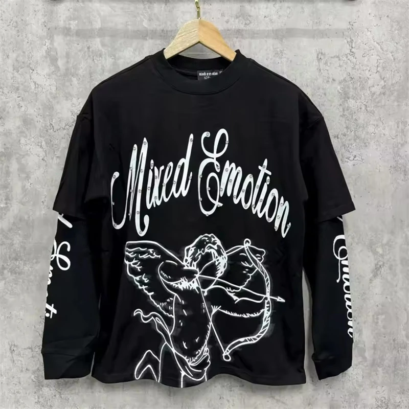 MIXED EMOTION Long Sleeve T-shirt Men Women High Street Full Print 100% Cotton Crewneck Hip Hop Oversized Tops