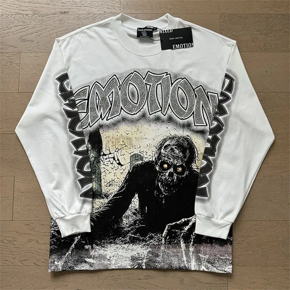 MIXED EMOTION Long Sleeve T-shirt Men Women High Street Full Print 100% Cotton Crewneck Hip Hop Oversized Tops