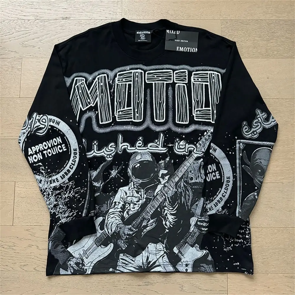 MIXED EMOTION Long Sleeve T-shirt Men Women High Street Full Print 100% Cotton Crewneck Hip Hop Oversized Tops