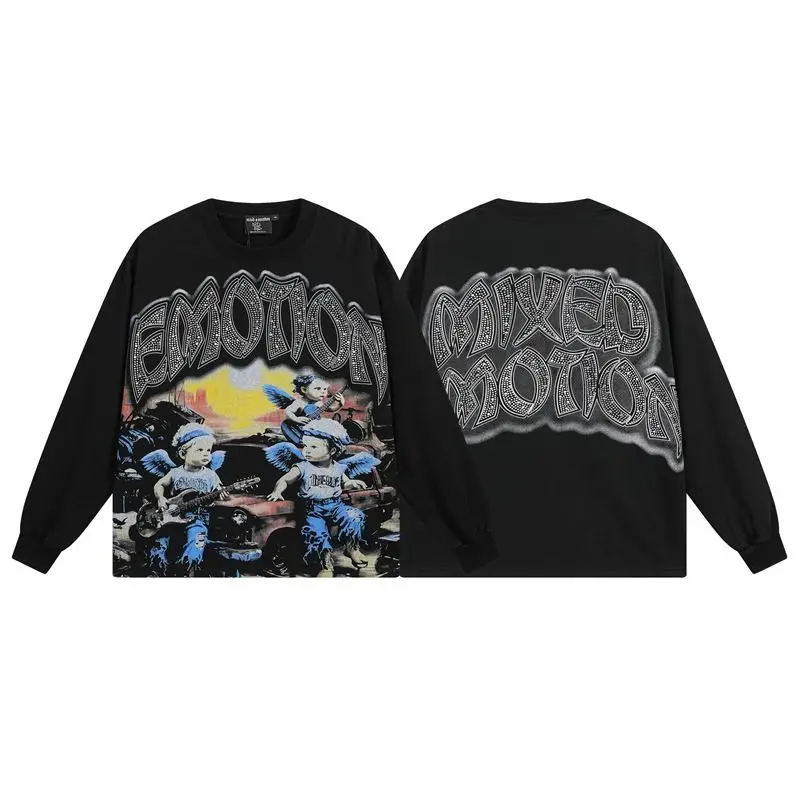 MIXED EMOTION Long Sleeve T-shirt Men Women High Street Full Print 100% Cotton Crewneck Hip Hop Oversized Tops