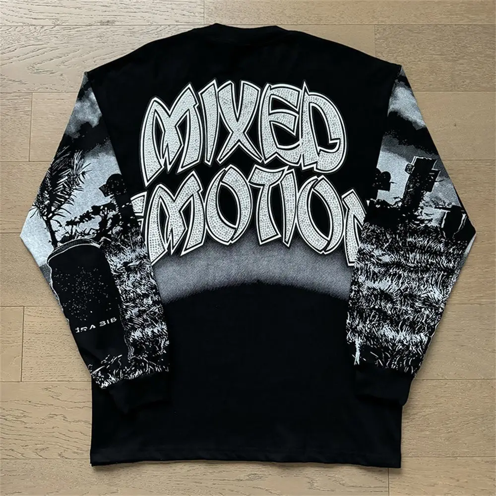MIXED EMOTION Long Sleeve T-shirt Men Women High Street Full Print 100% Cotton Crewneck Hip Hop Oversized Tops
