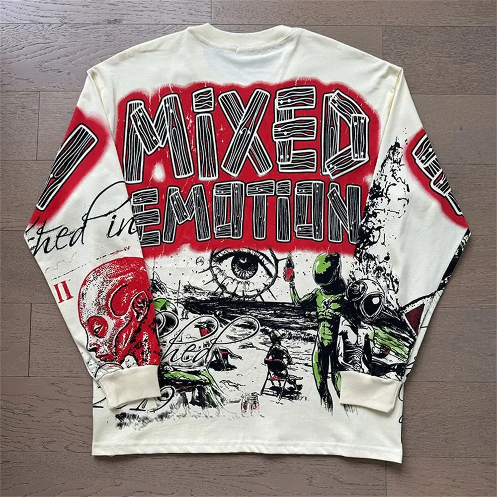 MIXED EMOTION Long Sleeve T-shirt Men Women High Street Full Print 100% Cotton Crewneck Hip Hop Oversized Tops
