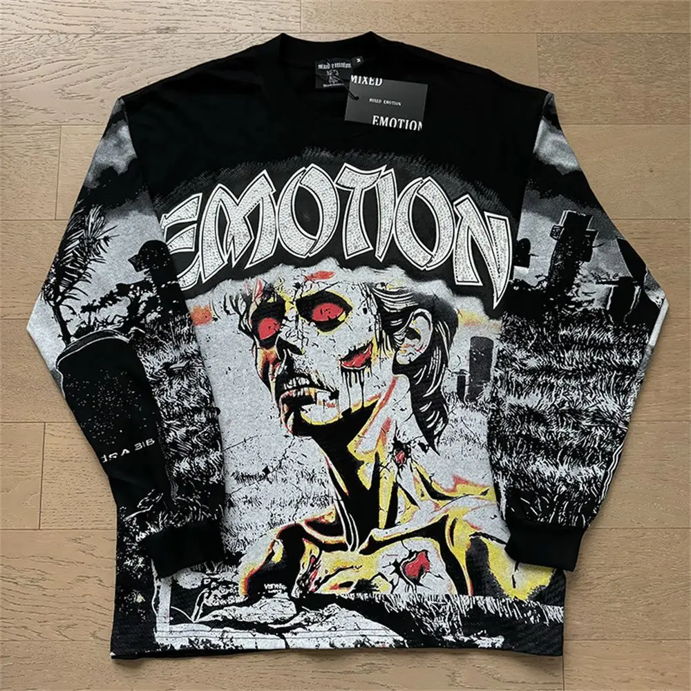 MIXED EMOTION Long Sleeve T-shirt Men Women High Street Full Print 100% Cotton Crewneck Hip Hop Oversized Tops