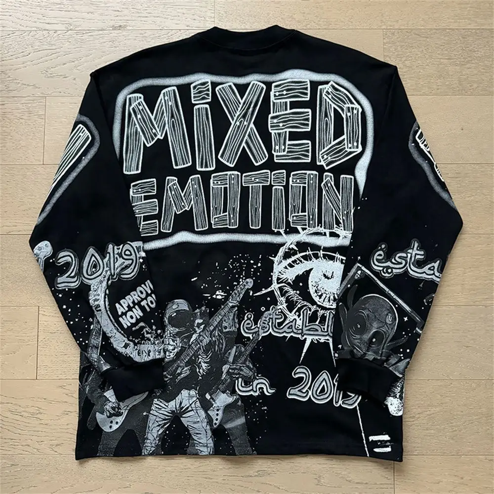 MIXED EMOTION Long Sleeve T-shirt Men Women High Street Full Print 100% Cotton Crewneck Hip Hop Oversized Tops