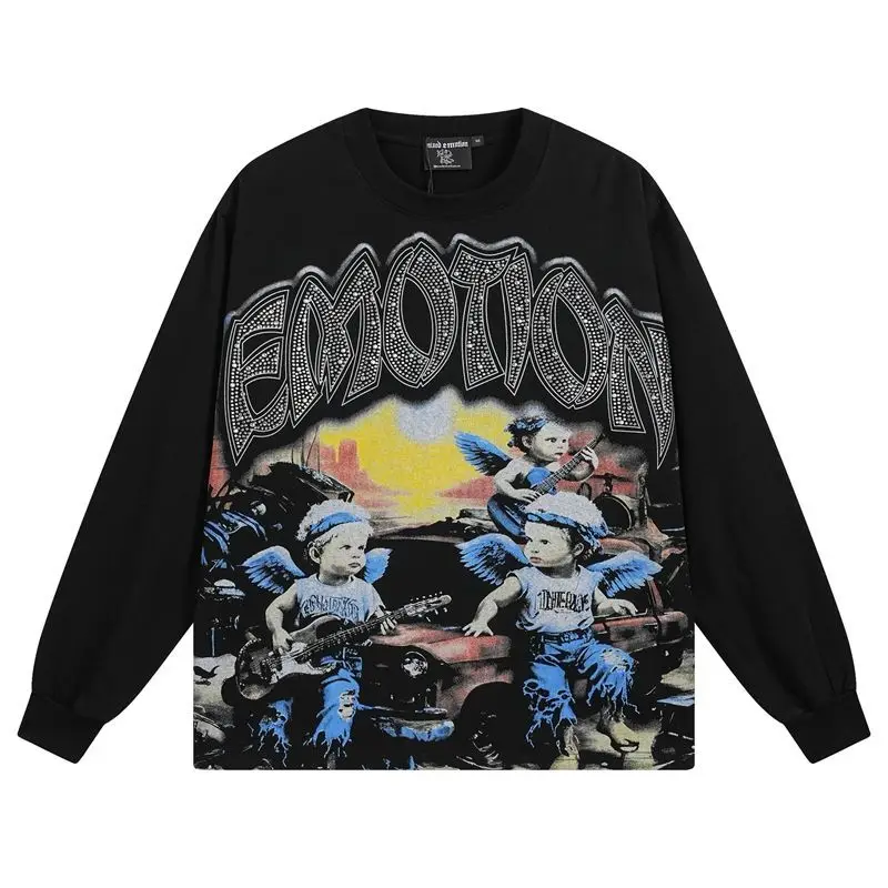 MIXED EMOTION Long Sleeve T-shirt Men Women High Street Full Print 100% Cotton Crewneck Hip Hop Oversized Tops