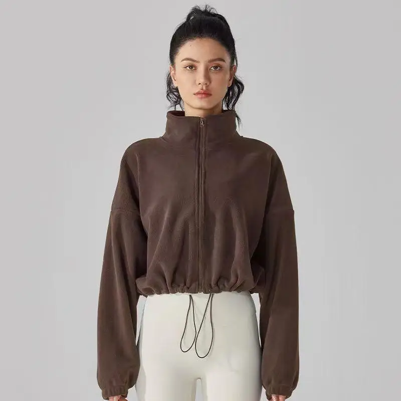 New Autumn Winter Clothes Warm High Waist Casual Sports Yoga Coat Fleece Fitness Short Jacket Slim Lady Zip Up Sweatshirt Women