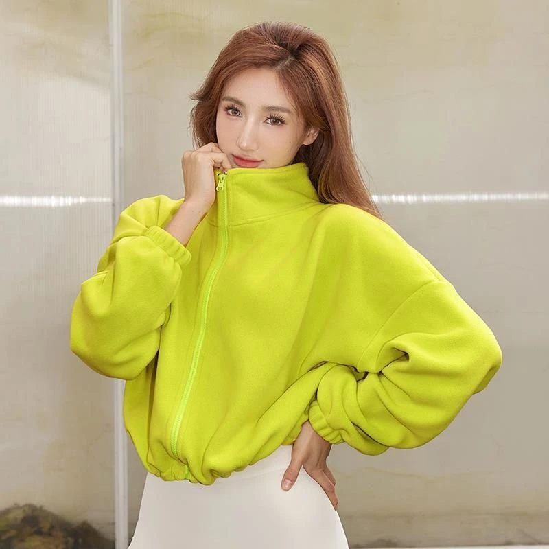 New Autumn Winter Clothes Warm High Waist Casual Sports Yoga Coat Fleece Fitness Short Jacket Slim Lady Zip Up Sweatshirt Women