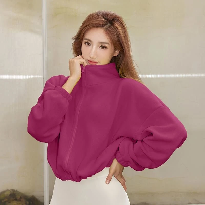 New Autumn Winter Clothes Warm High Waist Casual Sports Yoga Coat Fleece Fitness Short Jacket Slim Lady Zip Up Sweatshirt Women
