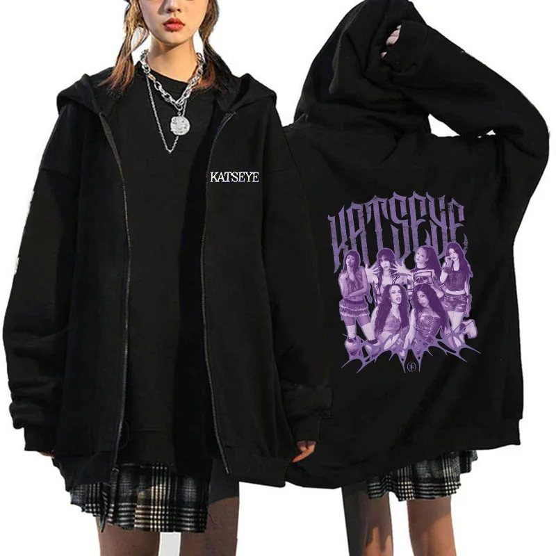 Women Men Katseye Funny Print Zip Up Hoodies Women's Graphic Gothic Y2k Zipper Sweatshirts Fashion Vintage Streetwear Clothes