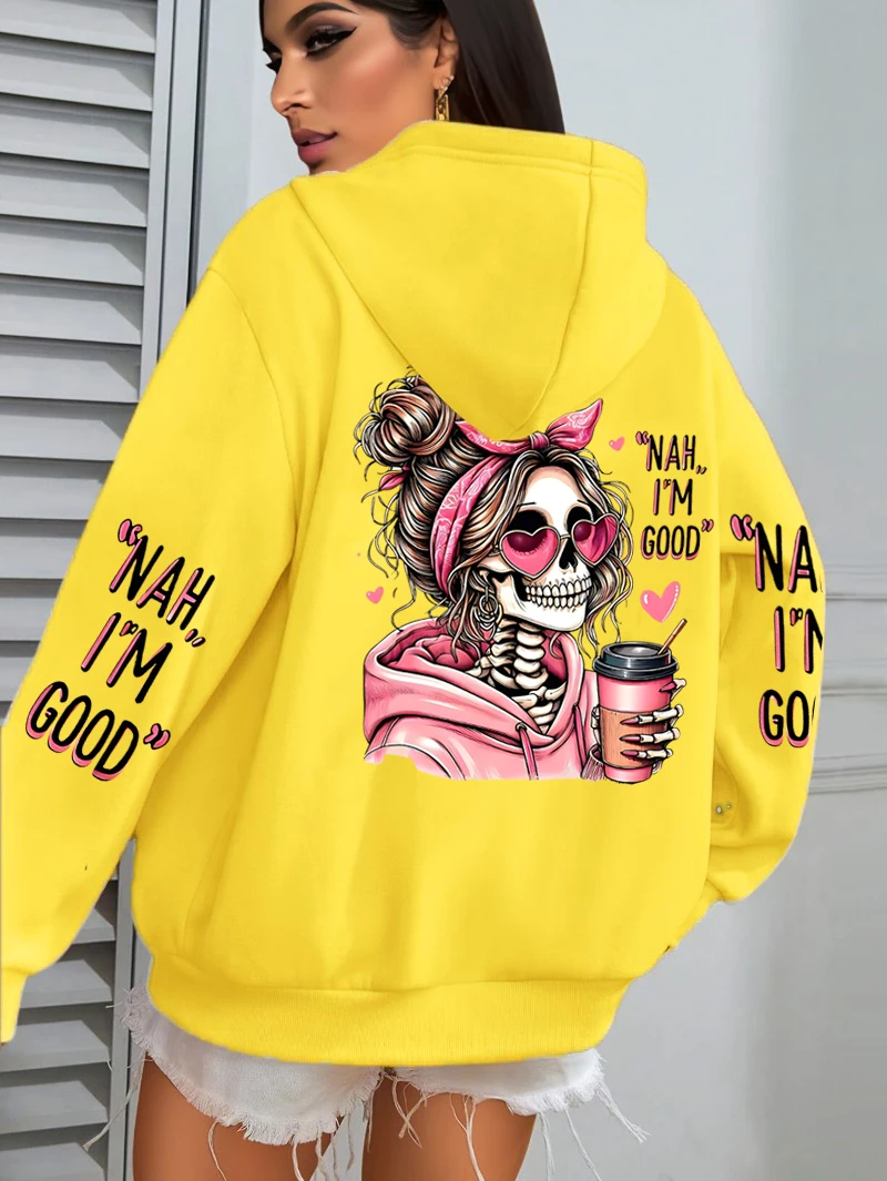 I'm Good Coffee Skull Funny Printing Womens Hoodie Loose Jogging Pullovers Fleece Autumn Sportswear Casual Y2K Unisex Hoody