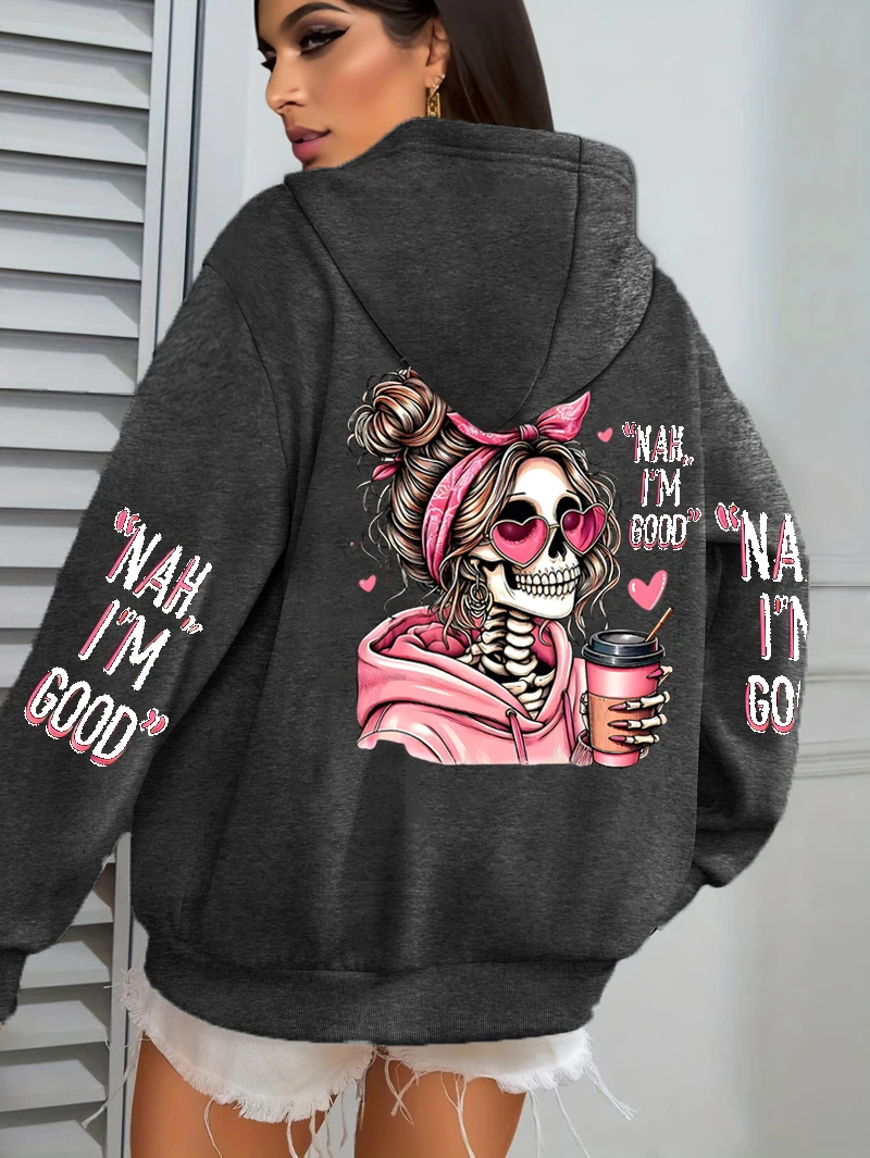 I'm Good Coffee Skull Funny Printing Womens Hoodie Loose Jogging Pullovers Fleece Autumn Sportswear Casual Y2K Unisex Hoody