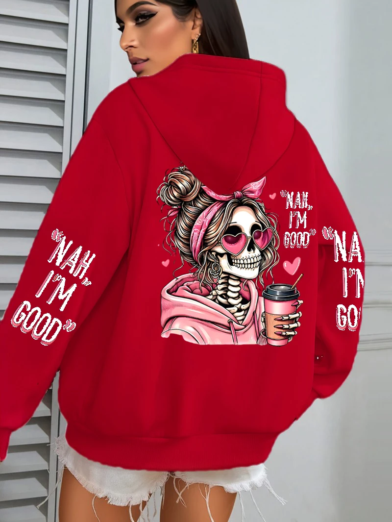 I'm Good Coffee Skull Funny Printing Womens Hoodie Loose Jogging Pullovers Fleece Autumn Sportswear Casual Y2K Unisex Hoody