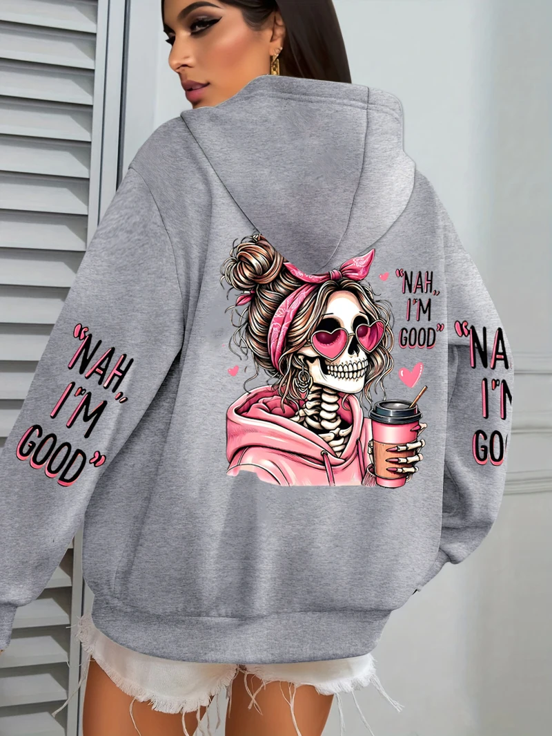 I'm Good Coffee Skull Funny Printing Womens Hoodie Loose Jogging Pullovers Fleece Autumn Sportswear Casual Y2K Unisex Hoody