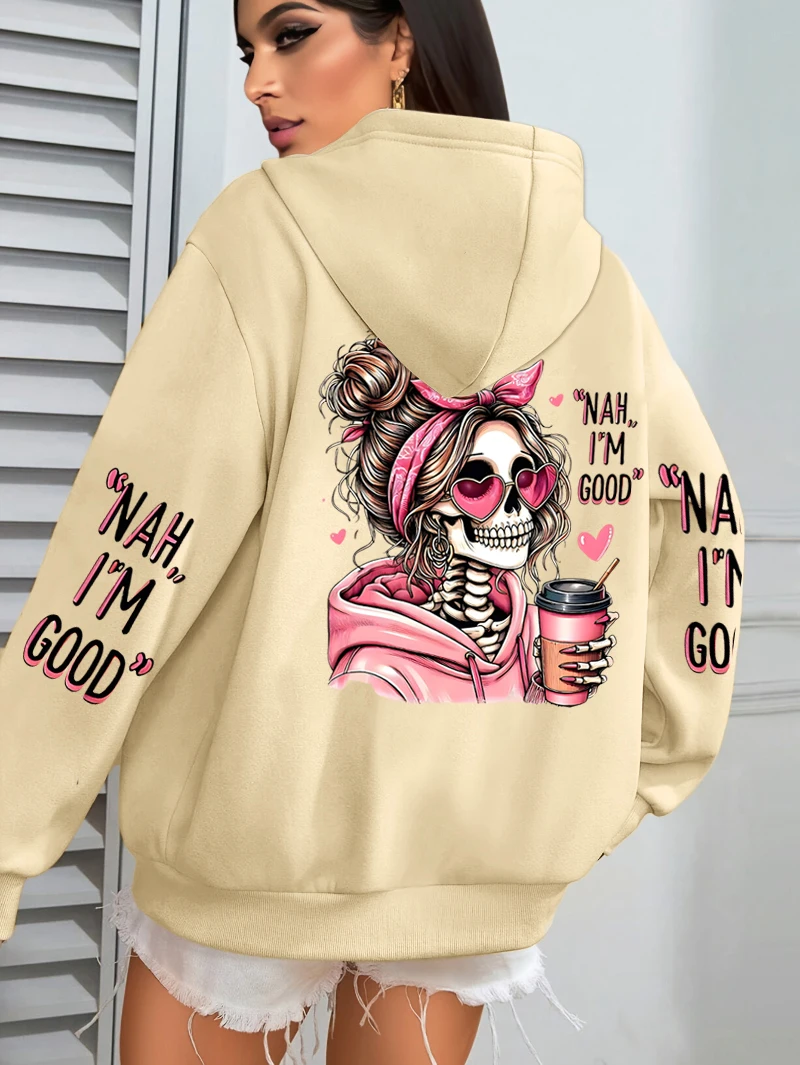 I'm Good Coffee Skull Funny Printing Womens Hoodie Loose Jogging Pullovers Fleece Autumn Sportswear Casual Y2K Unisex Hoody