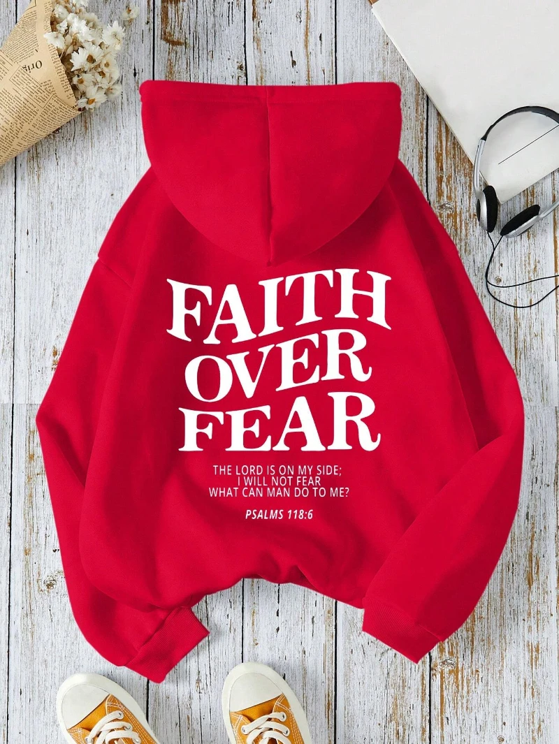 Casual Women's Hoodies Faith Over Fear Letter Printing Sweatshirts Fleece Warm Comfortable Pocket Pullovers Autumn Streetwear