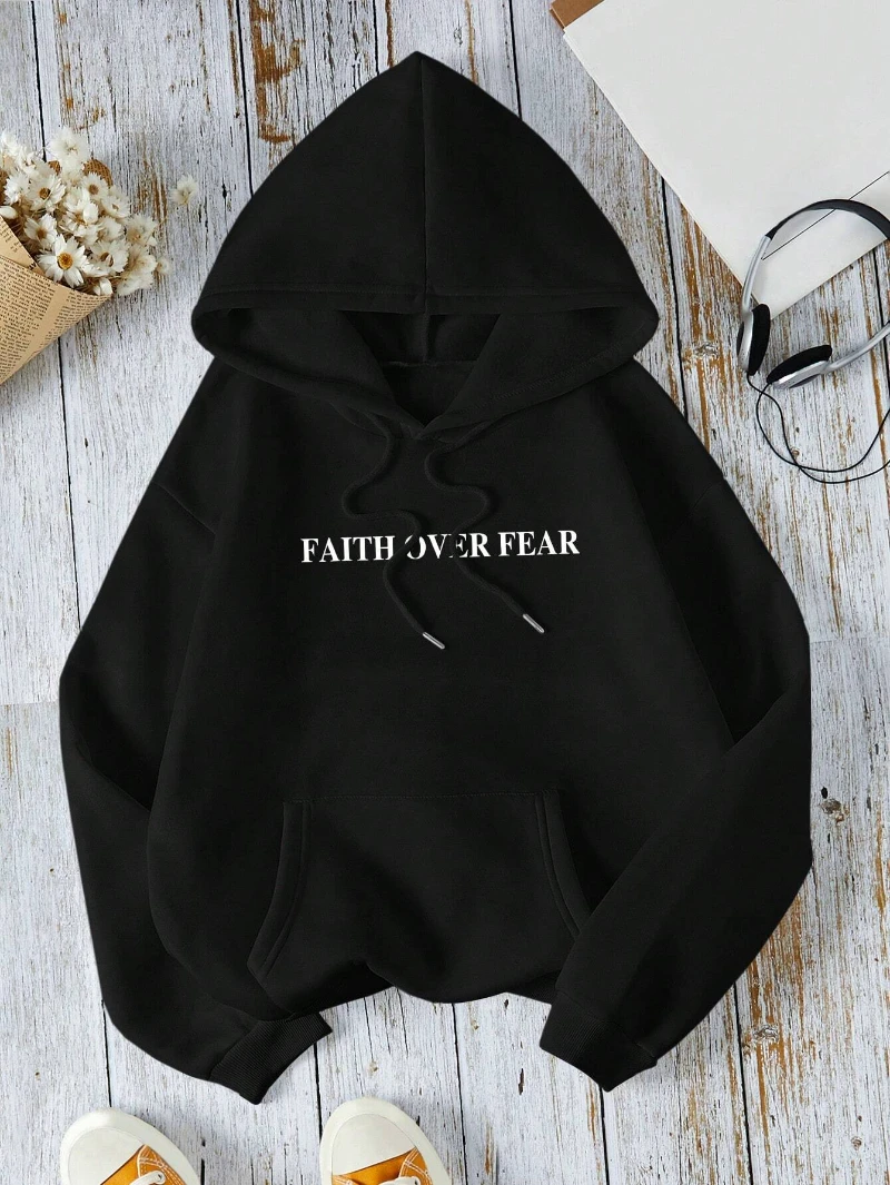 Casual Women's Hoodies Faith Over Fear Letter Printing Sweatshirts Fleece Warm Comfortable Pocket Pullovers Autumn Streetwear