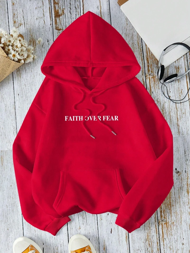 Casual Women's Hoodies Faith Over Fear Letter Printing Sweatshirts Fleece Warm Comfortable Pocket Pullovers Autumn Streetwear