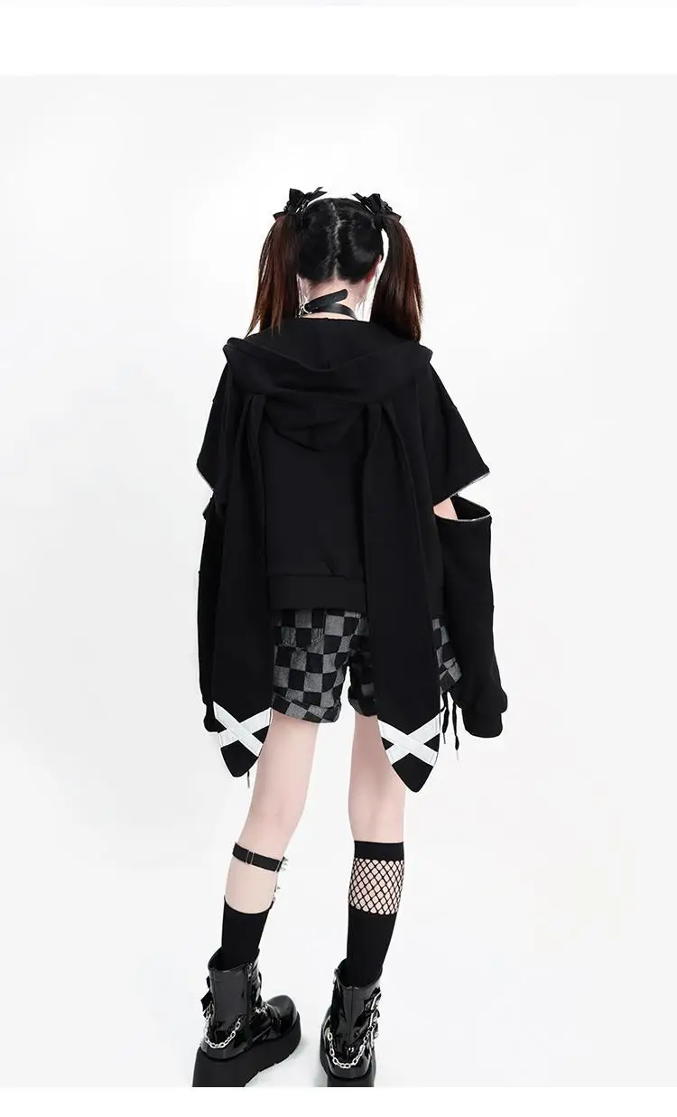 Harajuku Black Letter Crop Hoodies Women Casual Rabbit's Ears Hooded Grunge Y2k Aesthetic Vintage Streetwear Zip Up Sweatshirt