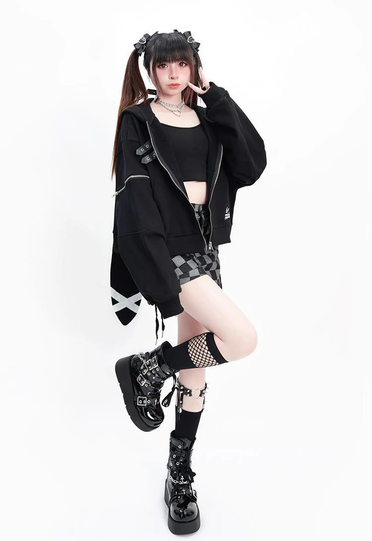 Harajuku Black Letter Crop Hoodies Women Casual Rabbit's Ears Hooded Grunge Y2k Aesthetic Vintage Streetwear Zip Up Sweatshirt