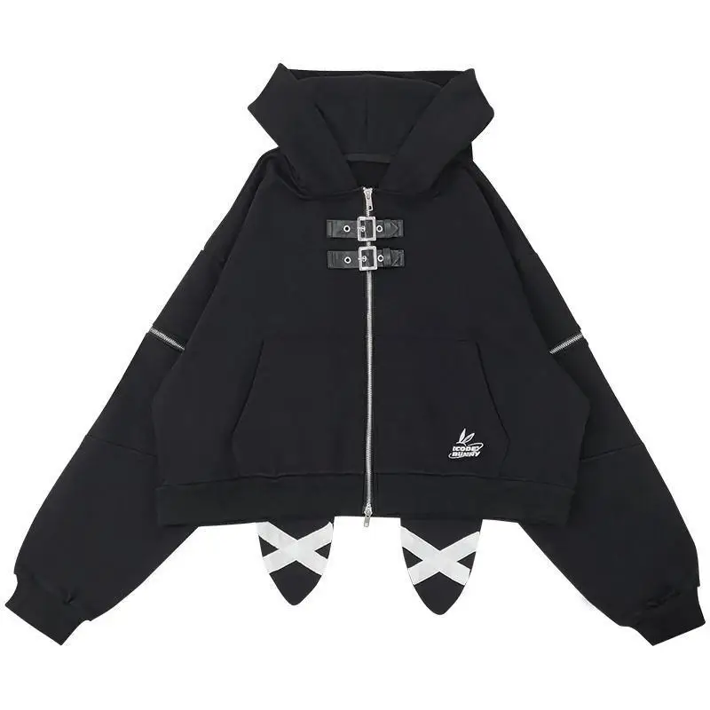 Harajuku Black Letter Crop Hoodies Women Casual Rabbit's Ears Hooded Grunge Y2k Aesthetic Vintage Streetwear Zip Up Sweatshirt