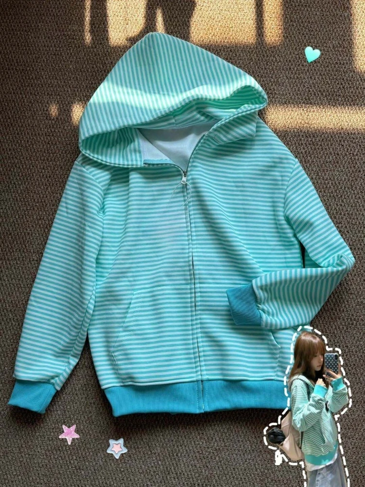 2000S American Vintage Striped Loose Long Sleeve Hooded Sweatshirt Y2k Subculture Casual Zip Up Hooded Cardigan Harajuku Coats