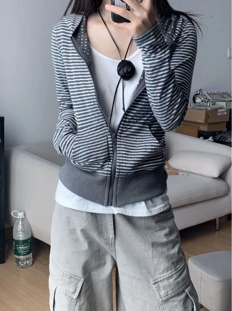 2000S American Vintage Striped Loose Long Sleeve Hooded Sweatshirt Y2k Subculture Casual Zip Up Hooded Cardigan Harajuku Coats