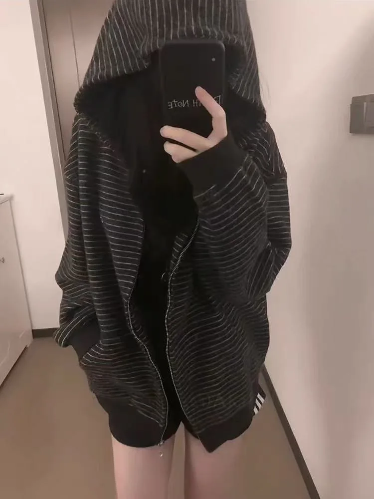 2000S American Vintage Striped Loose Long Sleeve Hooded Sweatshirt Y2k Subculture Casual Zip Up Hooded Cardigan Harajuku Coats