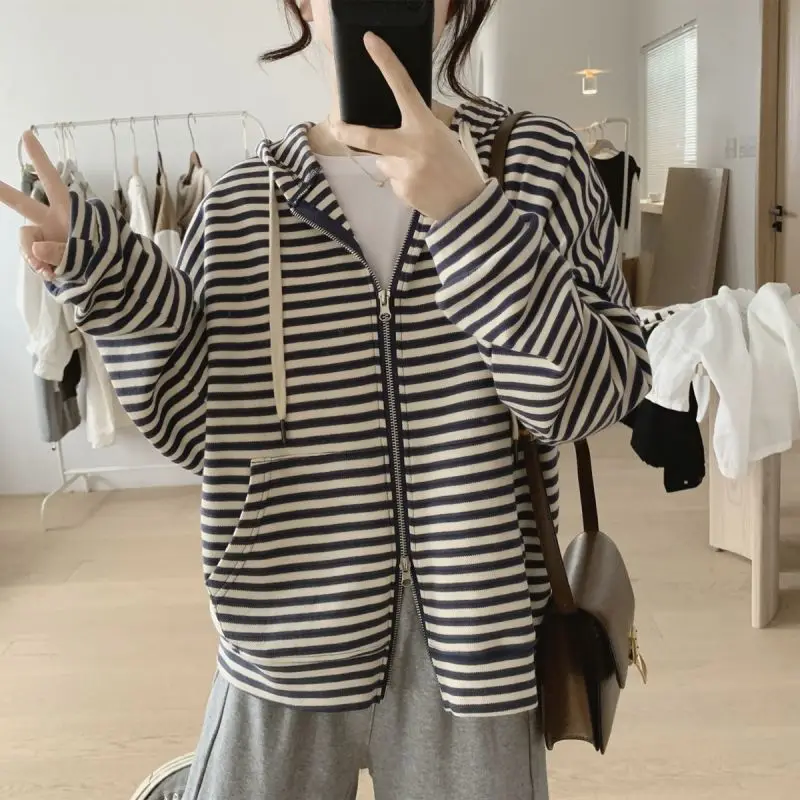 2000S American Vintage Striped Loose Long Sleeve Hooded Sweatshirt Y2k Subculture Casual Zip Up Hooded Cardigan Harajuku Coats