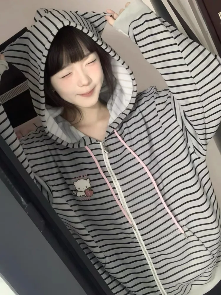 Autumn Japanese Stripe Cat's Ears Hoodies Women Y2k Aesthetic Cartoon Embroidery Grunge Hoody Loose Casual Pocket Sweatshirt