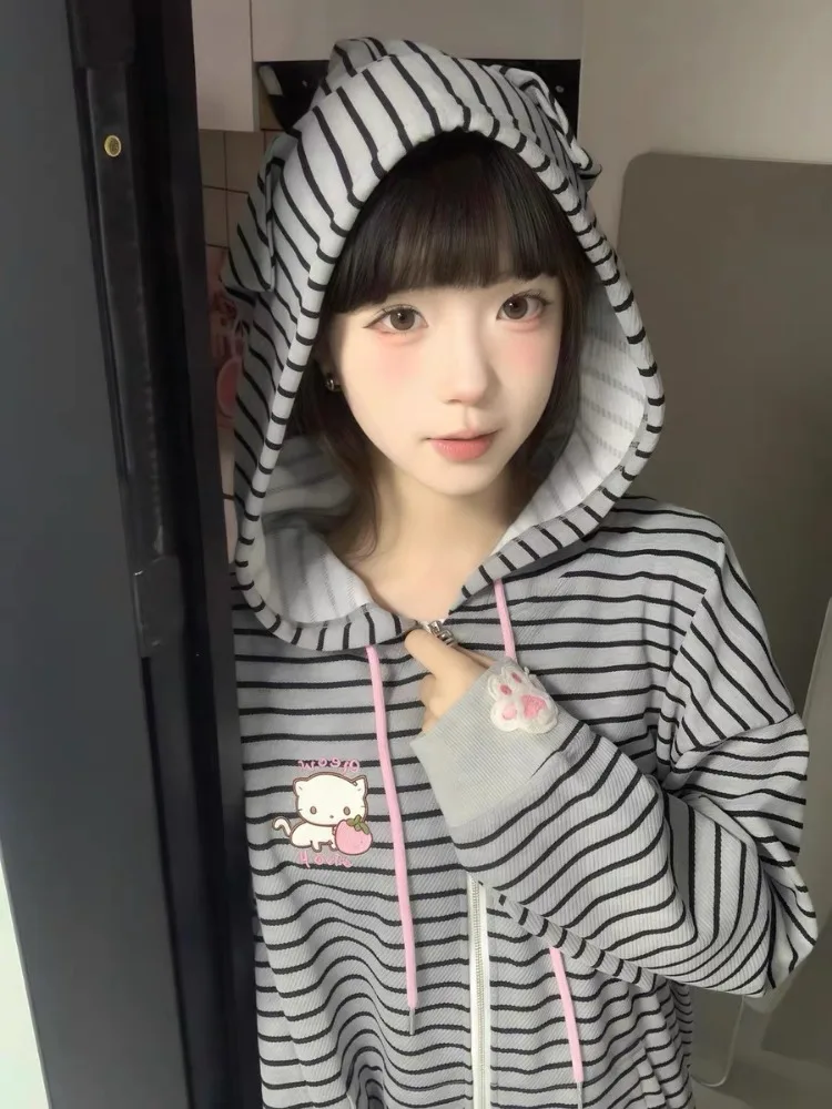 Autumn Japanese Stripe Cat's Ears Hoodies Women Y2k Aesthetic Cartoon Embroidery Grunge Hoody Loose Casual Pocket Sweatshirt