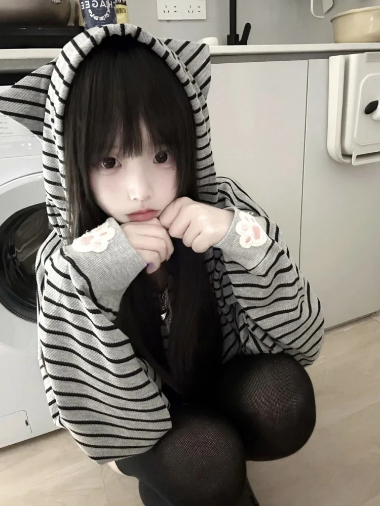 Autumn Japanese Stripe Cat's Ears Hoodies Women Y2k Aesthetic Cartoon Embroidery Grunge Hoody Loose Casual Pocket Sweatshirt