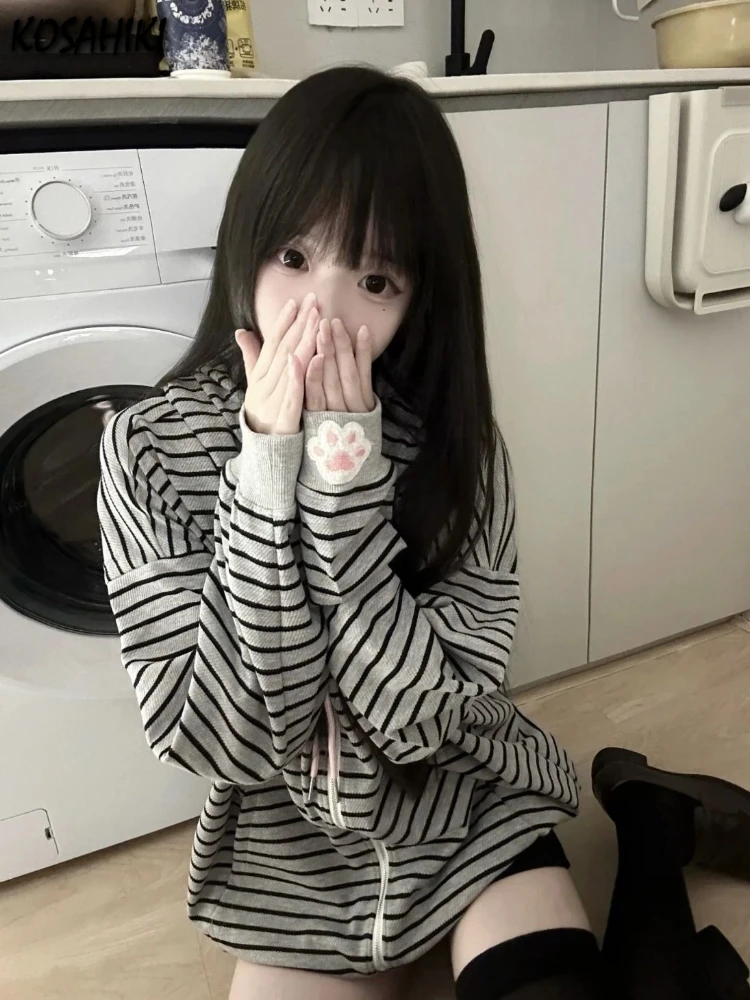 Autumn Japanese Stripe Cat's Ears Hoodies Women Y2k Aesthetic Cartoon Embroidery Grunge Hoody Loose Casual Pocket Sweatshirt