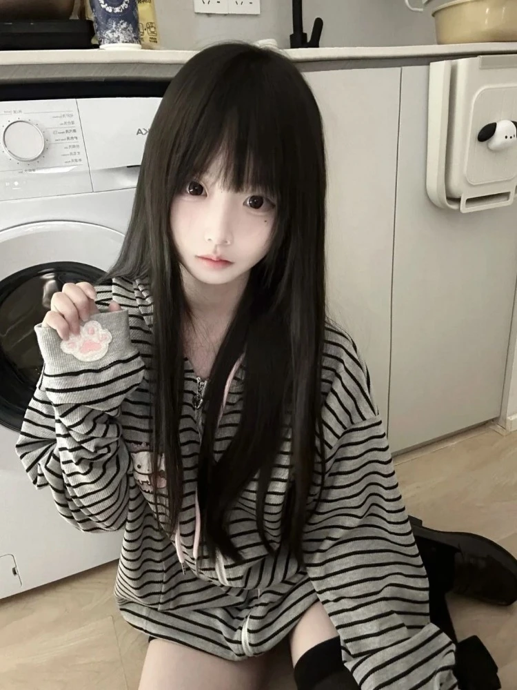 Autumn Japanese Stripe Cat's Ears Hoodies Women Y2k Aesthetic Cartoon Embroidery Grunge Hoody Loose Casual Pocket Sweatshirt