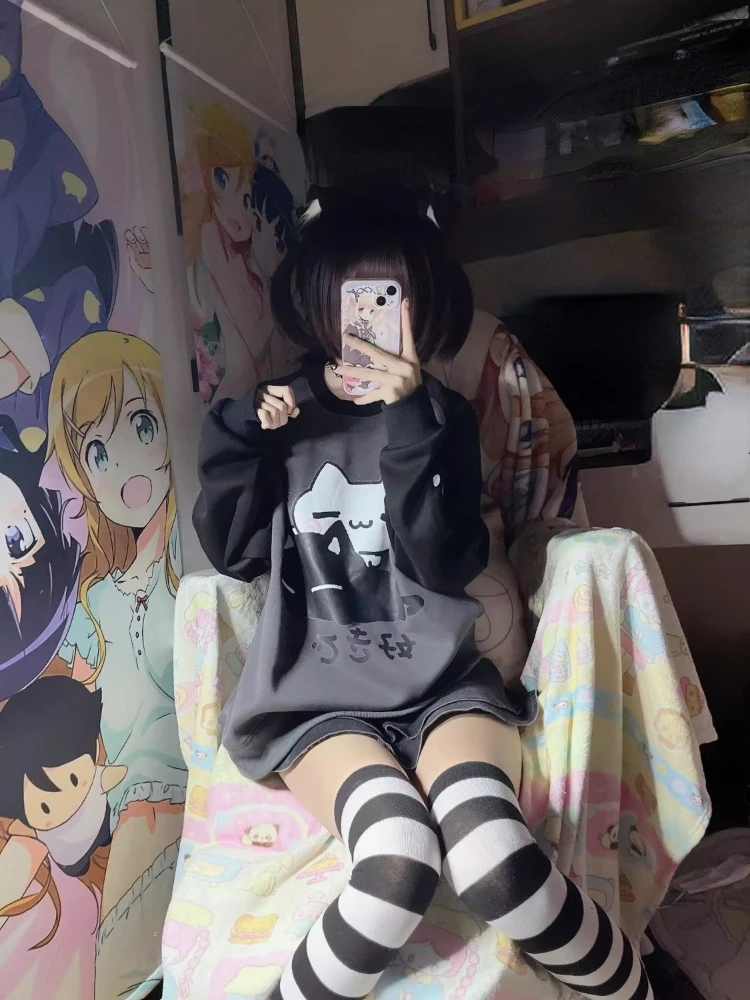 Kawaii Cartoon Print Sweatshirt Women Patchwork Sweet Cute Japanese Cotton Hoodies Grunge Sudaderas Y2k Aesthetic Moletom Tops