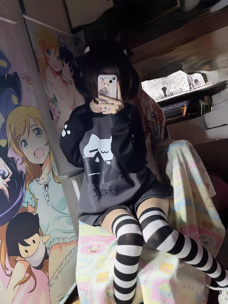 Kawaii Cartoon Print Sweatshirt Women Patchwork Sweet Cute Japanese Cotton Hoodies Grunge Sudaderas Y2k Aesthetic Moletom Tops