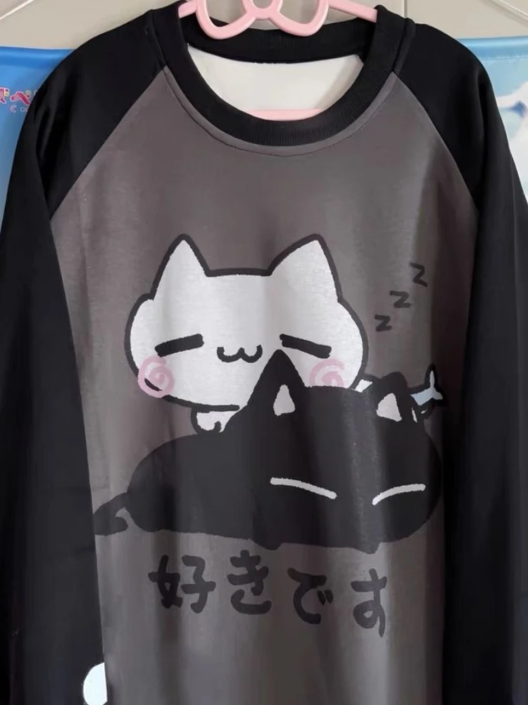 Kawaii Cartoon Print Sweatshirt Women Patchwork Sweet Cute Japanese Cotton Hoodies Grunge Sudaderas Y2k Aesthetic Moletom Tops