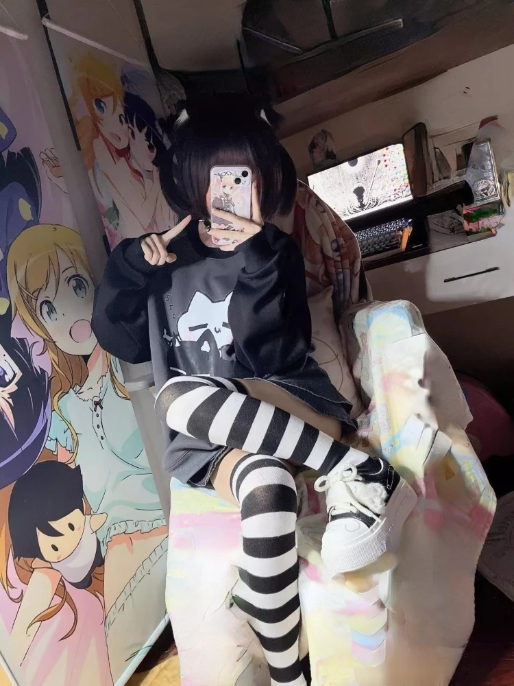 Kawaii Cartoon Print Sweatshirt Women Patchwork Sweet Cute Japanese Cotton Hoodies Grunge Sudaderas Y2k Aesthetic Moletom Tops