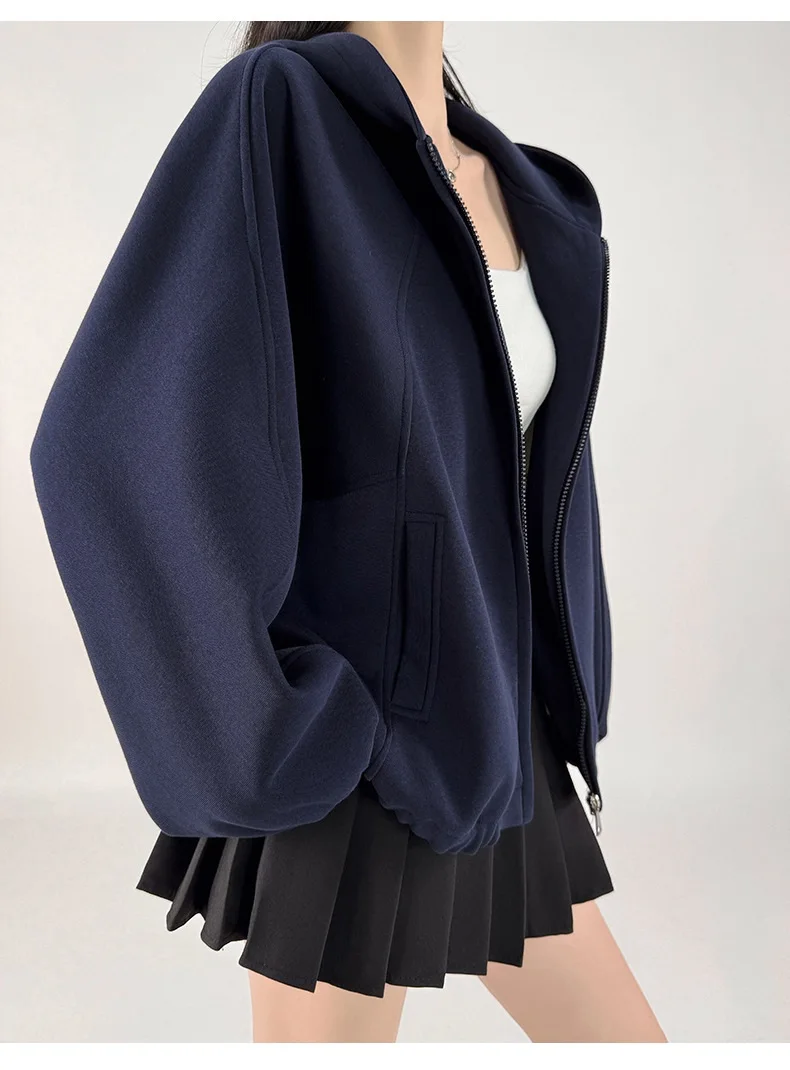KarSaNy Hooded Sweatshirt With Zipper Women Oversize Hoodies Loose Navy Blue Casual Jackets Women's Zipper Sweatshirts With Hood