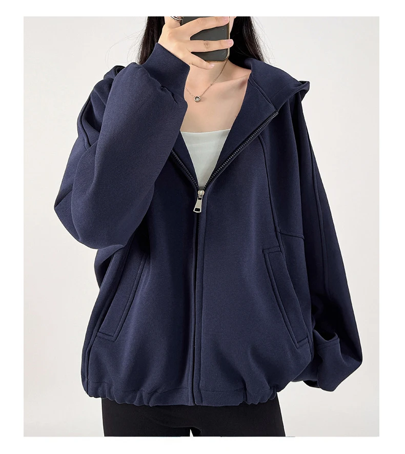 KarSaNy Hooded Sweatshirt With Zipper Women Oversize Hoodies Loose Navy Blue Casual Jackets Women's Zipper Sweatshirts With Hood