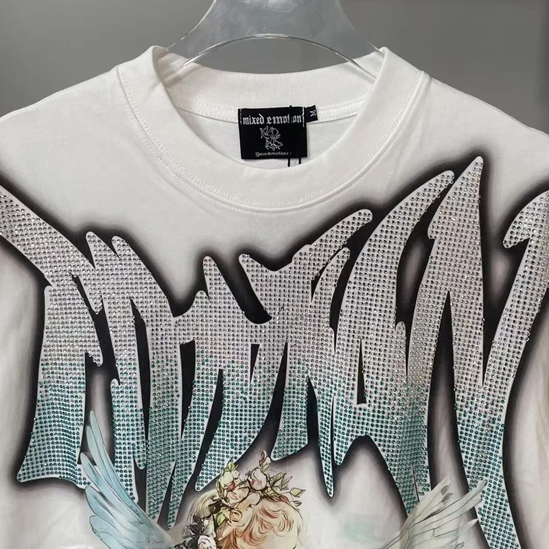 MIXED EMOTION Shirt Rhinestone Short Sleeve Men Women T-shirt Streetwear 100% Cotton Loose Round Neck Top Tees Oversized Tee Top