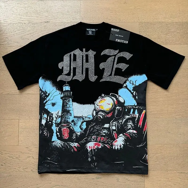 MIXED EMOTION Shirt Rhinestone Short Sleeve Men Women T-shirt Streetwear 100% Cotton Loose Round Neck Top Tees Oversized Tee Top