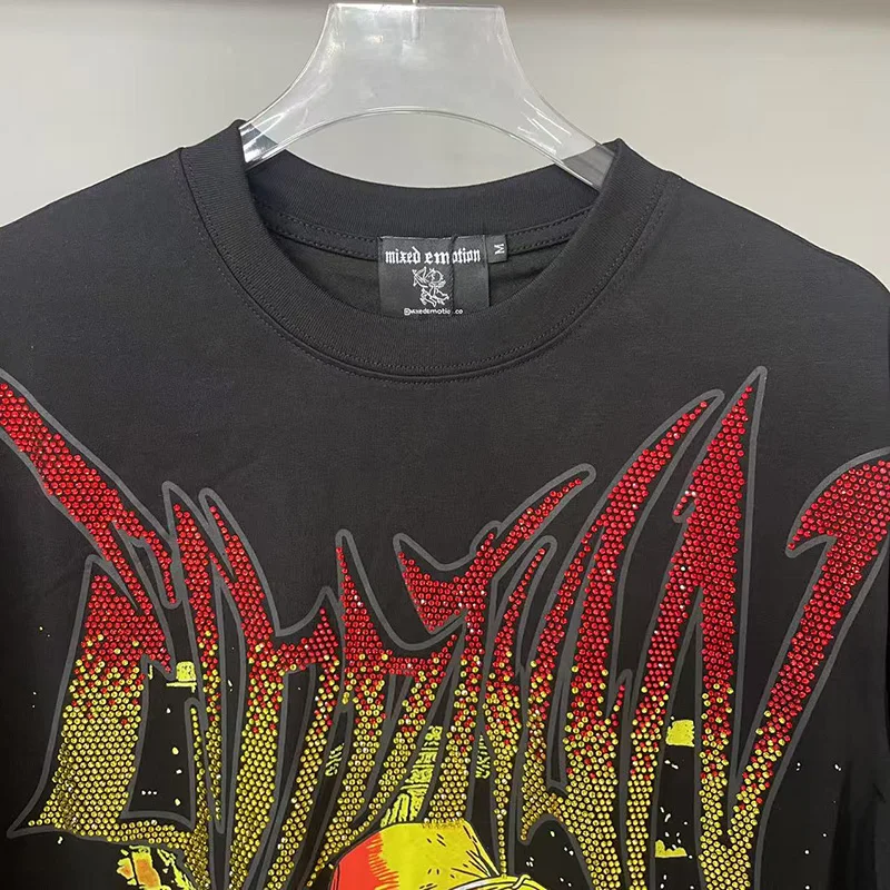 MIXED EMOTION Shirt Rhinestone Short Sleeve Men Women T-shirt Streetwear 100% Cotton Loose Round Neck Top Tees Oversized Tee Top