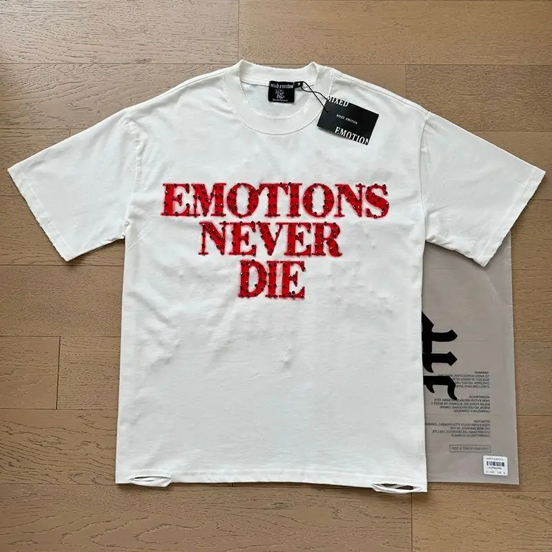 MIXED EMOTION Shirt Rhinestone Short Sleeve Men Women T-shirt Streetwear 100% Cotton Loose Round Neck Top Tees Oversized Tee Top