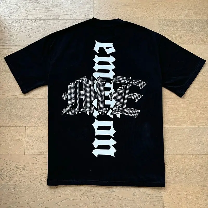 MIXED EMOTION Shirt Rhinestone Short Sleeve Men Women T-shirt Streetwear 100% Cotton Loose Round Neck Top Tees Oversized Tee Top