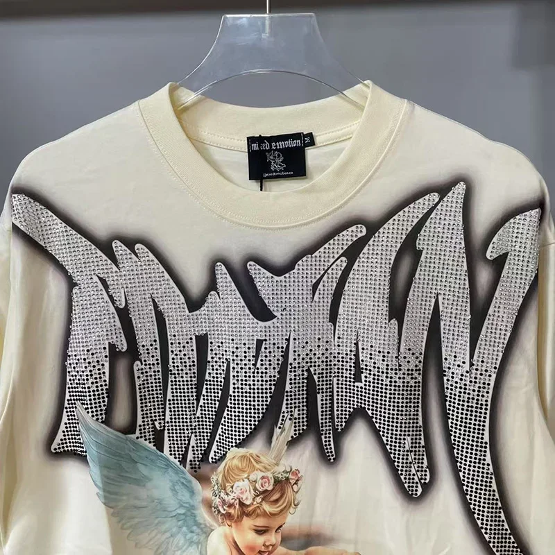 MIXED EMOTION Shirt Rhinestone Short Sleeve Men Women T-shirt Streetwear 100% Cotton Loose Round Neck Top Tees Oversized Tee Top