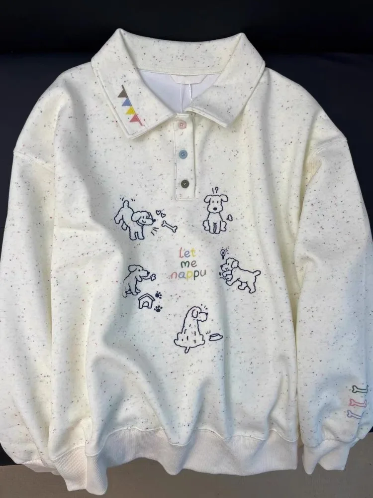 Preppy Style Korean Sweatshirts Long Sleeve Turndown Collar Hoodies Y2k Tops Women's Clothing Cartoon Print Casual Chic Hoodie