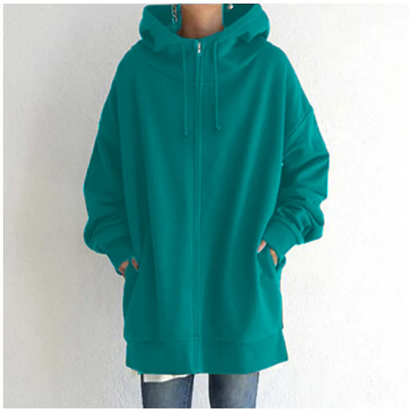 Oversized S-5XL Women Loose Hooded Coats Autumn Female Tie Collar Long Sleeve Zipper Up Add Velvet X-Long Sweatshirt JYFS-HS0714