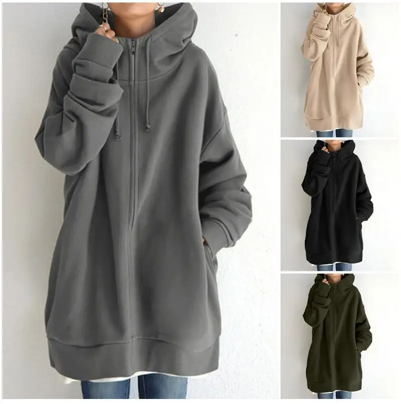 Oversized S-5XL Women Loose Hooded Coats Autumn Female Tie Collar Long Sleeve Zipper Up Add Velvet X-Long Sweatshirt JYFS-HS0714